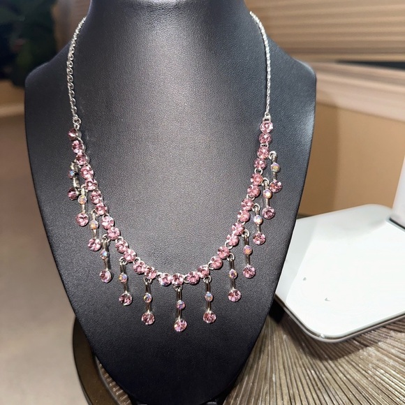 Silver Pink Rhinestone Necklace with flare - Picture 5 of 5